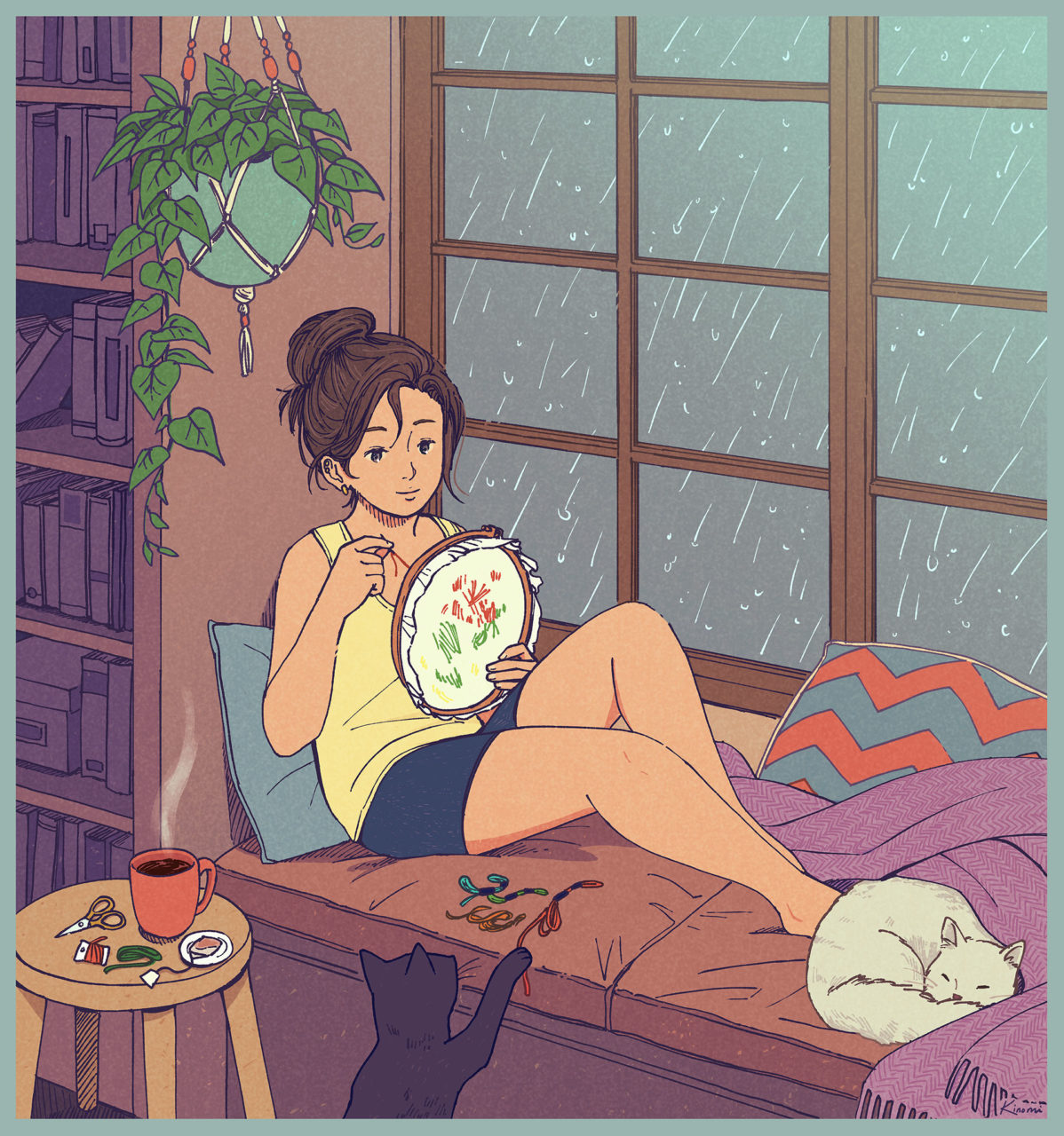 Rainy Day Embroidery - art drawing by Kinomi